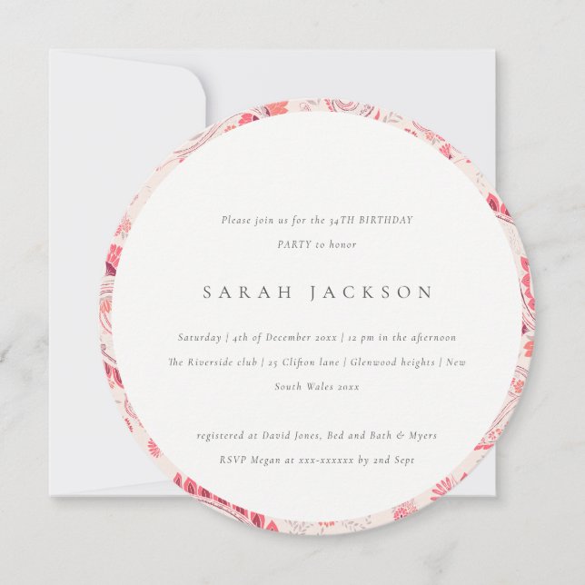Modern Blush Paisley Typography Any Age Birthday Invitation (Front)