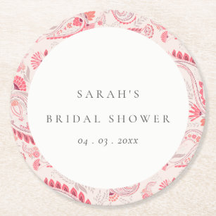 Modern Blush Paisley Typography Bridal Shower Round Paper Coaster