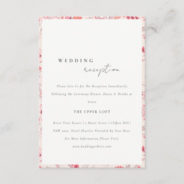 Modern Blush Paisley Typography Wedding Reception Enclosure Card (Front)
