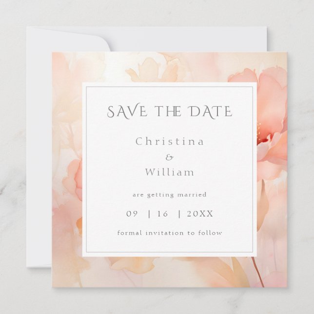 Modern Blush Peach Flower Wedding Save the Date (Front)