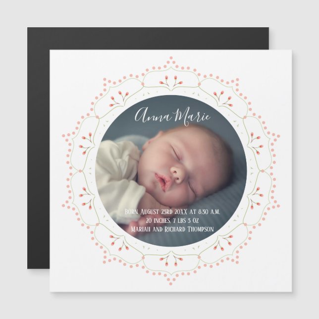 Modern Blush Photo Baby Girl Elegant Floral Magnetic Invitation (Front/Back)