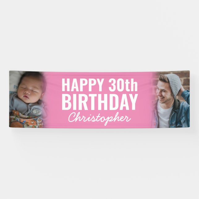 Modern Blush Pink 2 Photo Happy Birthday Party Banner (Horizontal)
