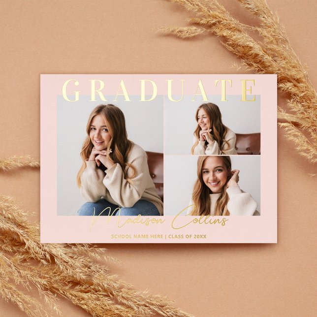 Modern Blush Pink 3 Photo Graduation Gold (Creator Uploaded)