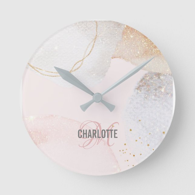 Modern blush pink abstract art monogram name round clock (Front)