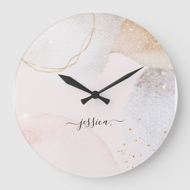 Modern blush pink abstract art script name large clock (Front)