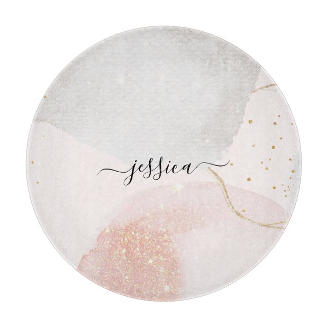 Modern blush pink abstract script name  cutting board (Front)