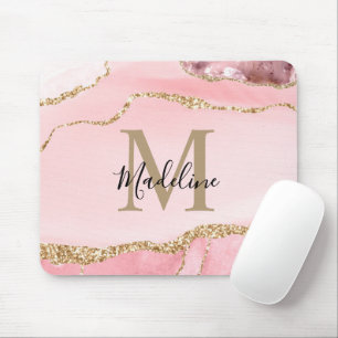 Modern Blush Pink Agate Geode Gold Script Monogram Mouse Pad