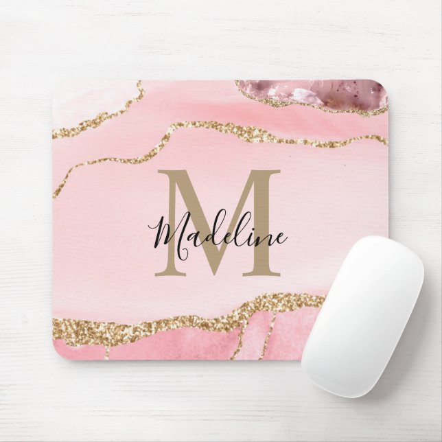 Modern Blush Pink Agate Geode Gold Script Monogram Mouse Pad (With Mouse)