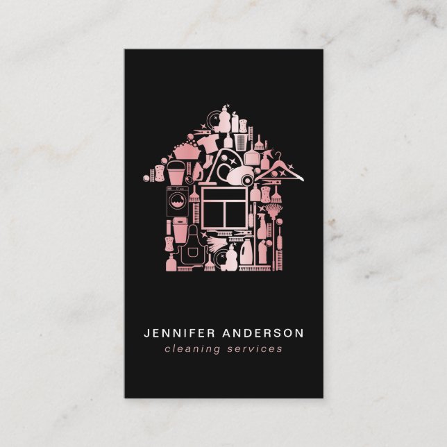 Modern Blush Pink And Black Cleaning Services Business Card (Front)