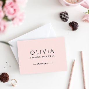 Modern Blush Pink and Black Monogram Thank You Card