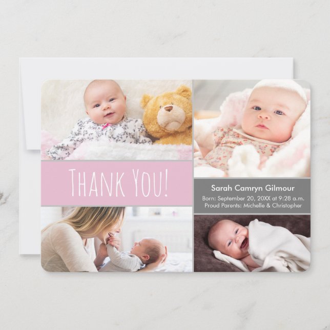 Modern Blush pink and Gray Welcome Home Baby Girl Thank You Card (Front)