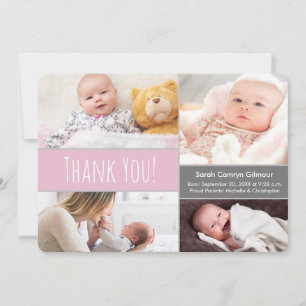 Modern Blush pink and Grey Welcome Home Baby Girl Thank You Card