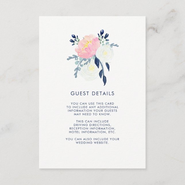 Modern Blush Pink and Navy Floral Guest Details Enclosure Card (Front)