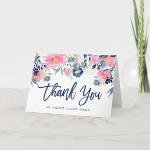 Modern Blush Pink and Navy Floral Thank You Card