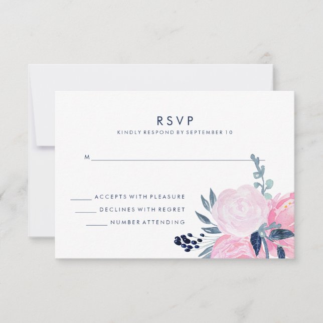 Modern Blush Pink and Navy Floral Wedding RSVP (Front)