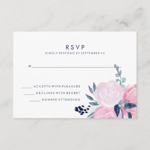 Modern Blush Pink and Navy Floral Wedding RSVP Card