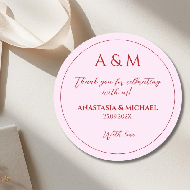 Modern blush pink and red minimalist wedding classic round sticker (Creator Uploaded)