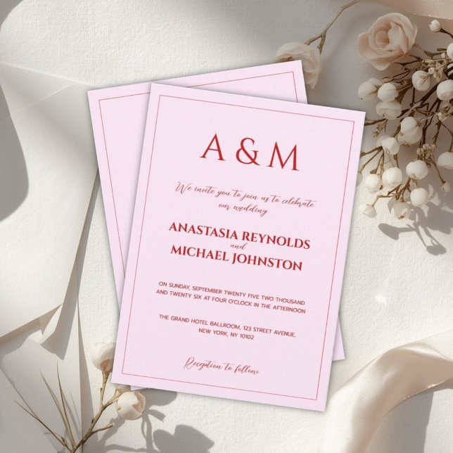 Modern blush pink and red minimalist wedding invitation (Creator Uploaded)
