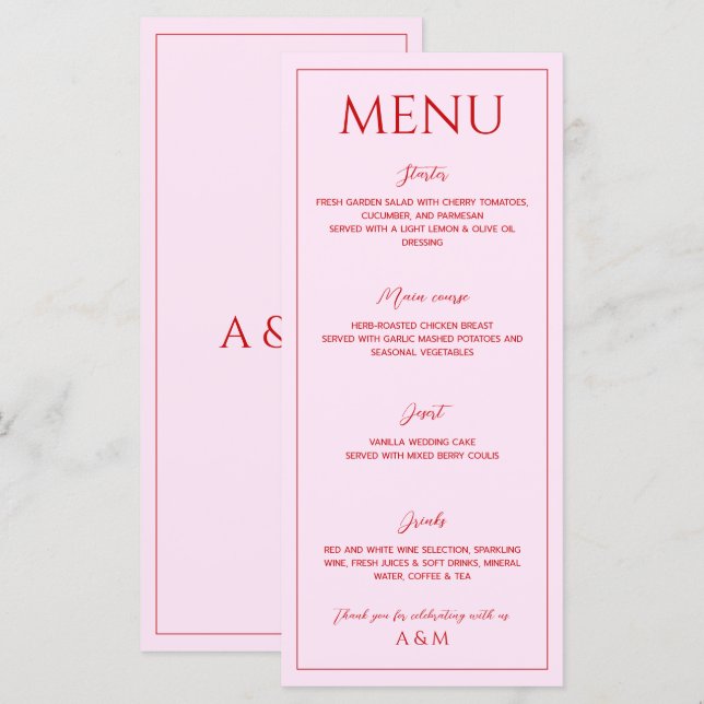 Modern blush pink and red minimalist wedding menu (Front/Back)