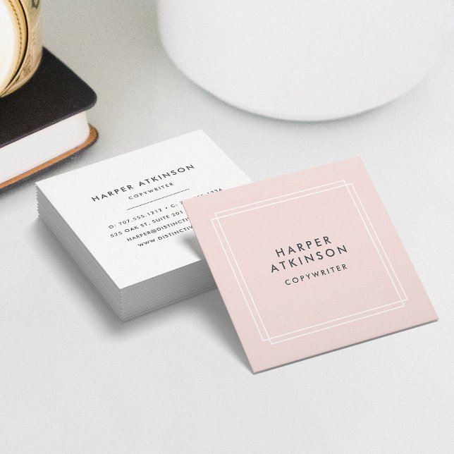 Modern Blush Pink and White Bordered Square Business Card (Creator Uploaded)