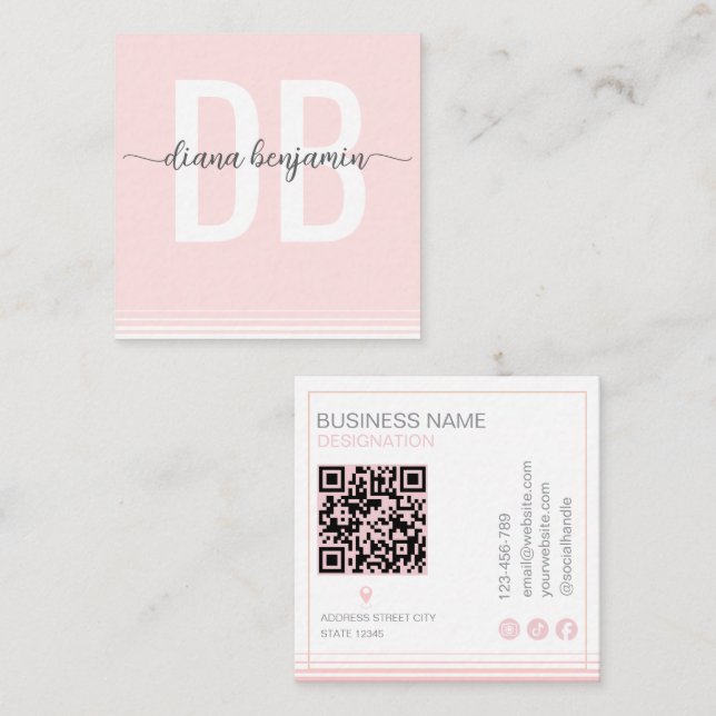 Modern blush pink and white monogram Qr Code Square Business Card (Front/Back)