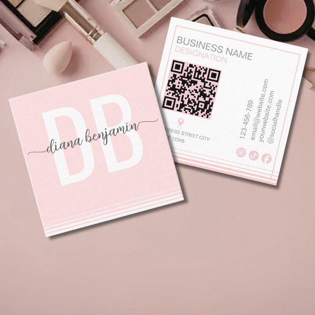 Modern blush pink and white monogram Qr Code Square Business Card (Creator Uploaded)