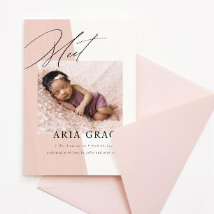 Modern Blush Pink Baby Girl Birth Announcement