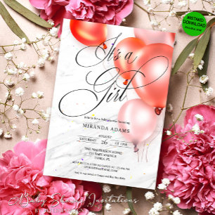 Modern Blush Pink Balloons Girl Baby Shower Invitation