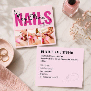 Modern Blush Pink Black 3 Photo Art Nail Salon Square Business Card