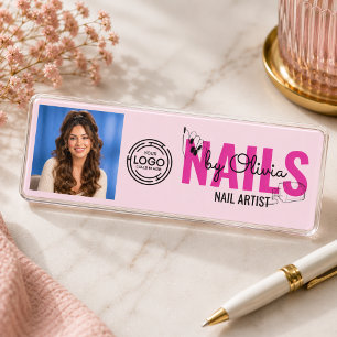 Modern Blush Pink Black Logo Photo Nail Salon Name Tag