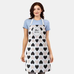 Modern Blush Pink Black Love Hearts Monogram Apron