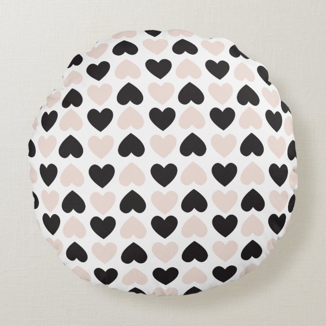 Modern Blush Pink Black Love Hearts Pattern Round Cushion (Front)