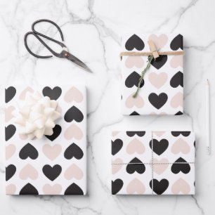 Modern Blush Pink Black Love Hearts Pattern Wrapping Paper Sheet