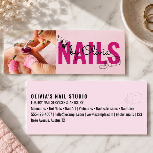 Modern Blush Pink Black Photo Line-Art Nail Salon Mini Business Card
