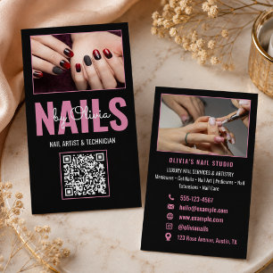 Modern Blush Pink Black Photo Qr Code Nail Salon Business Card
