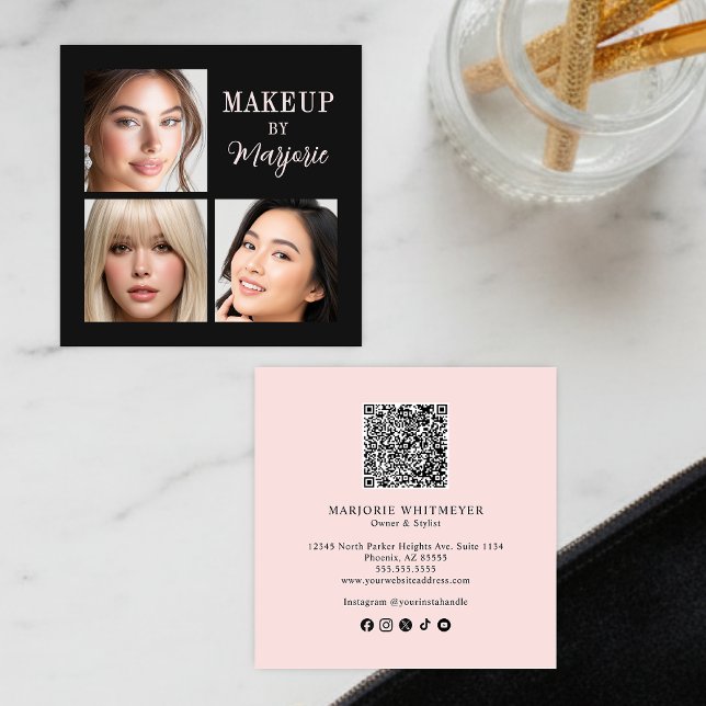 Modern Blush Pink Black Script 3 Photo Makeup Square Business Card (modern black blush pink script 3 photo makeup square business card elegant)