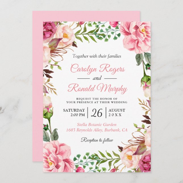 Modern Blush Pink Botanic Floral Wreath Wedding Invitation (Front/Back)