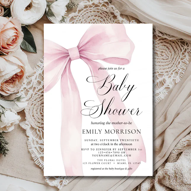 Modern Blush Pink Bow Girl Watercolor Baby Shower Invitation | Zazzle