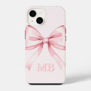 Modern Blush Pink Bow Initial Monogram iPhone 14 Case
