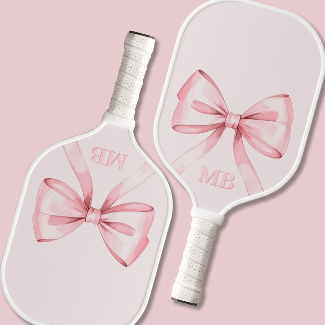 Modern Blush Pink Bow Initial Monogram Pickleball Paddle (Creator Uploaded)