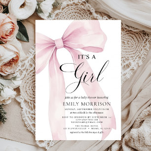 Modern Blush Pink Bow It's a Girl Baby Shower Invitation