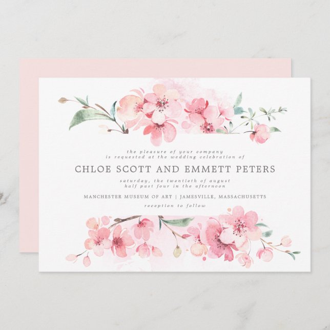 Modern Blush Pink Cherry Blossoms Floral Wedding Invitation (Front/Back)