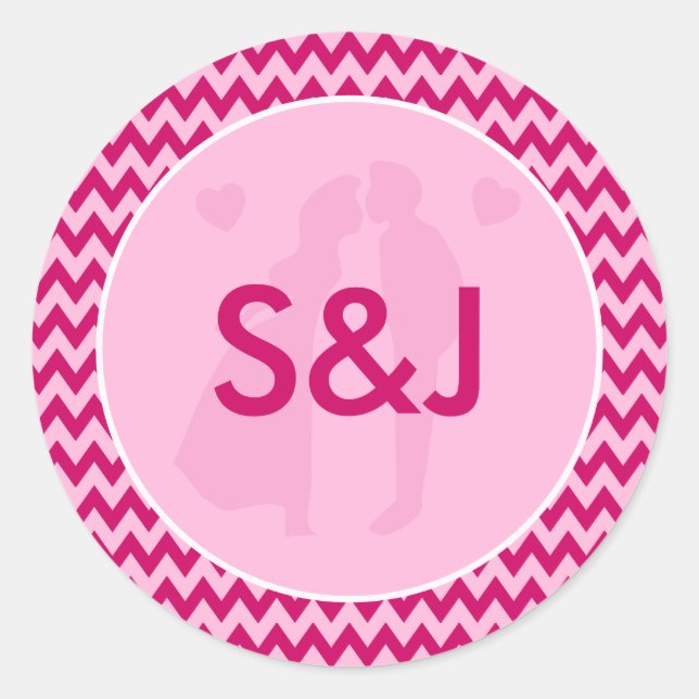 Modern Blush Pink Chevron Monogram Wedding Classic Round Sticker (Front)