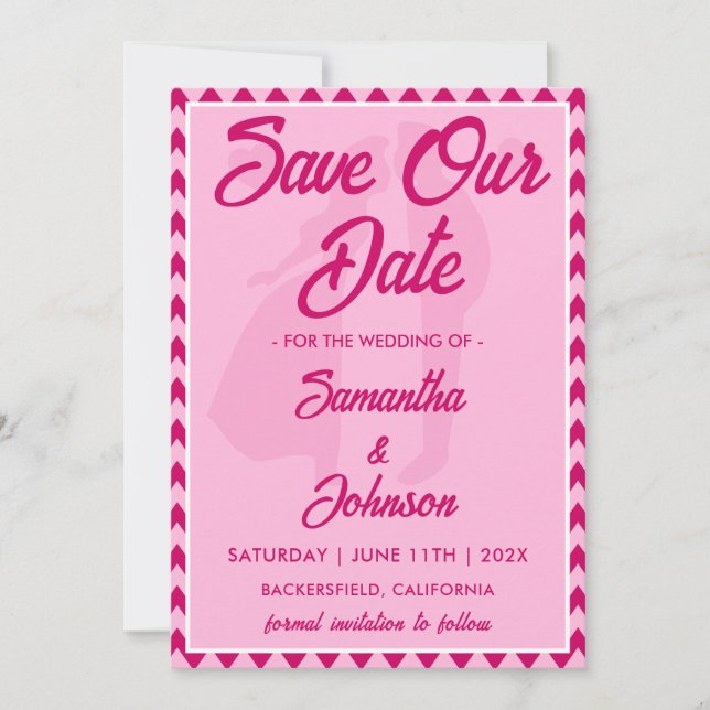 Modern Blush Pink Chevron Stripe QR Code Photo Save The Date (Front)