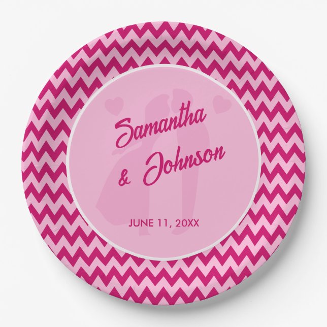 Modern Blush Pink Chevron Stripe Wedding Paper Plate (Front)