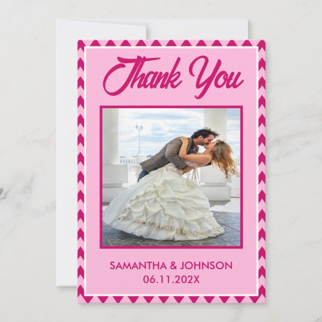 Modern Blush Pink Chevron Stripe Wedding Photo Thank You Card (Front)