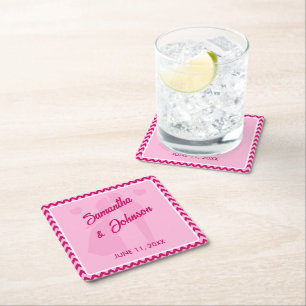Modern Blush Pink Chevron Stripe Wedding Square Paper Coaster