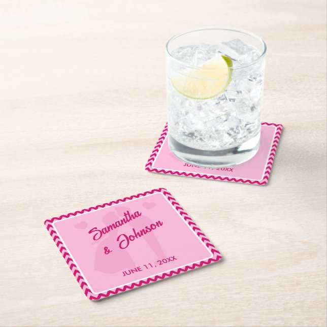 Modern Blush Pink Chevron Stripe Wedding Square Paper Coaster (Insitu)