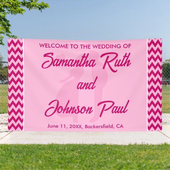 Modern Blush Pink Chevron Stripe Wedding Welcome Banner (Outside)