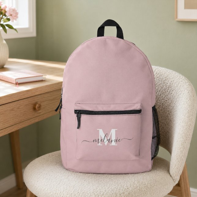 Modern Blush Pink Custom Monogram Name Backpack (Modern Dusty Pink Custom Monogram Name Printed Backpack)